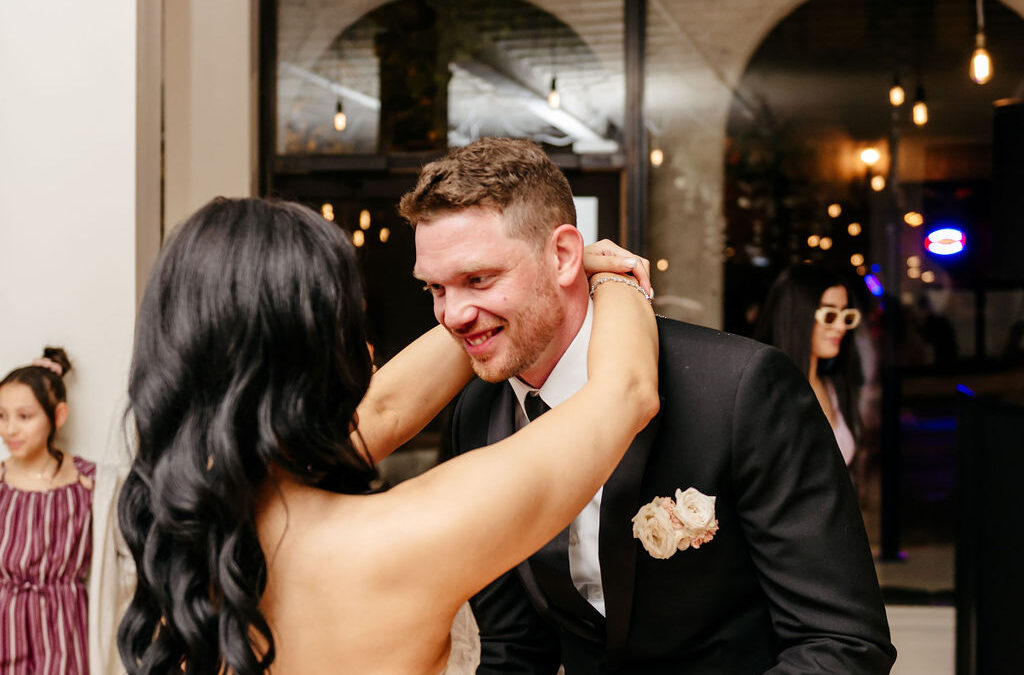 a couple dancing at their elegant industrial wedding venue near berks county