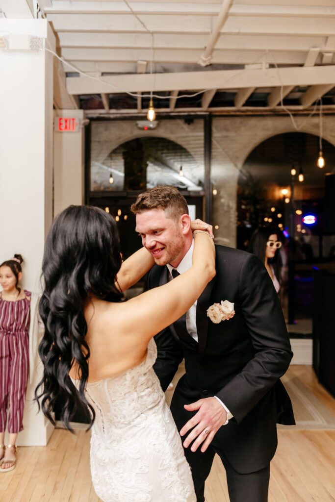 a couple dancing at their elegant industrial wedding venue near berks county